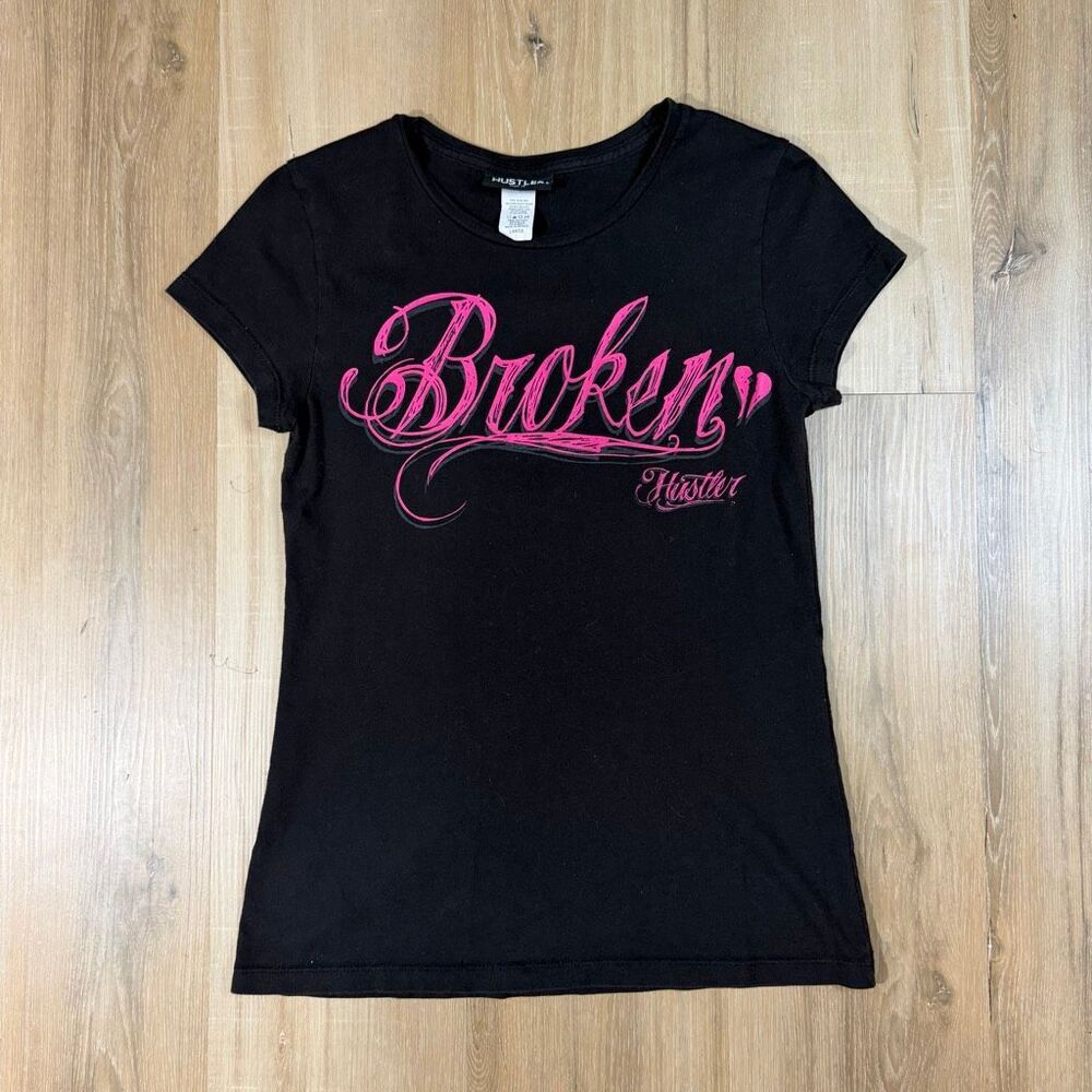Vintage Hustler Hollywood Broken Black Shirt Sz L Angel Wings Graphic Y2K Edgy